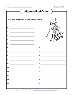 ABC Order: Whole List (E-3) Spelling E Worksheet