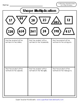 Shape Multiplication (3-Digit by 2-Digit) Worksheet