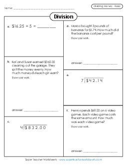 Dividing Money Variety Worksheet (Basic) Division Worksheet