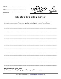 Literature Circles: Summarizer Book Candy Corn Contest Worksheet