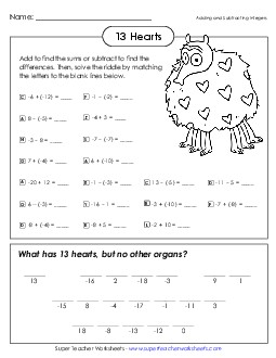 Thirteen Hearts, But No Organs? (Add and Subtract Integers) Worksheet