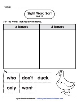 Sight Word Sort (Unit 22) Sight Words Worksheet