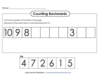 Cut-and-Glue Worksheet: Count Backwards From 10 Counting Worksheet