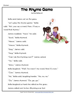 Rhyme Game Story Reading Comprehension Worksheet