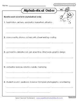 Alphabetical Order Worksheet (Extracurriculars) Spelling F Worksheet