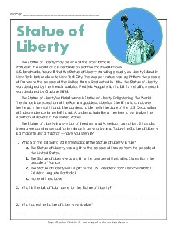 Statue of Liberty 5th Grade Reading Comprehension Reading Comp Short Worksheet