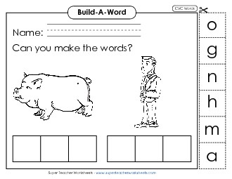 Build Words: Hog and Man Phonics Cvc Worksheet