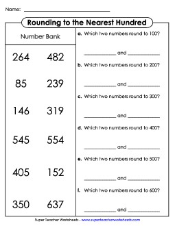 Rounding to Nearest Hundred: Number Bank Match-Up Worksheet