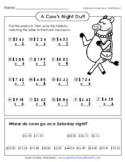 Cow\'s Night Out (Multiply 3-Dig by 1-Dig Money)  Multiplication Worksheet