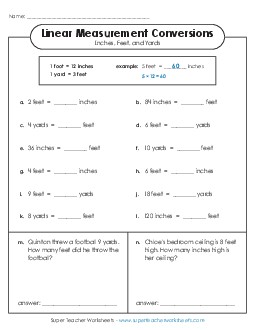 Converting Inches, Feet, and Yards (Basic) Measurement Worksheet