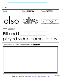 Worksheet 3: Also Sight Words Individual Worksheet