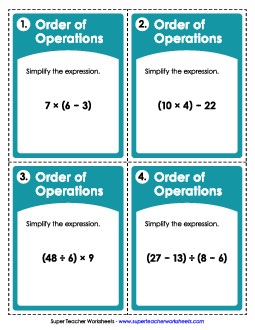 Task Cards: Order of Operations Worksheet