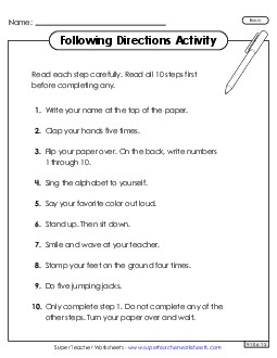 Following Directions Activity (Basic) Backtoschool Worksheet