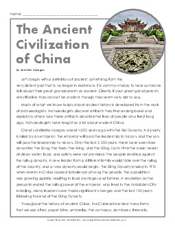 The Ancient Civilization of China 5th Grade Reading Comprehension Worksheet