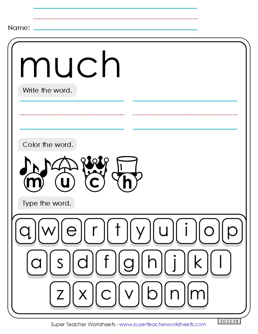 Write, Color, Type: Much Sight Words Individual Worksheet