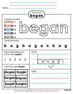 Worksheet 4: Began Sight Words Individual Worksheet