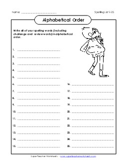 ABC Order: Write List (E-25) Spelling E Worksheet