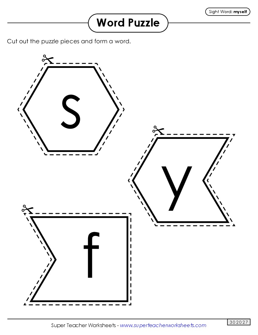 Word Puzzle: Myself Sight Words Individual Worksheet