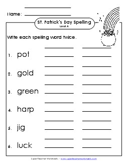 Write Twice (A-St. Patrick\'s Day)  Spelling A Worksheet