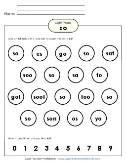 Dab or Color: So Sight Words Individual Worksheet