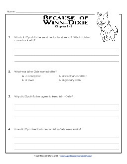 Questions for Chapters 1-5 Free Book Because Of Winn Dixie Worksheet