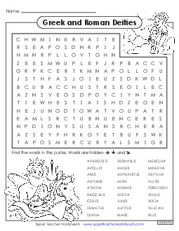 Word Search: Greek & Roman Deities Greek Mythology Worksheet