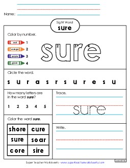 Worksheet 4: Sure Sight Words Individual Worksheet