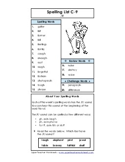 Spelling List C-9 Spelling C Worksheet