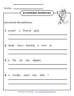 Scrambled Sentences (A-Hockey Words) Spelling A Worksheet