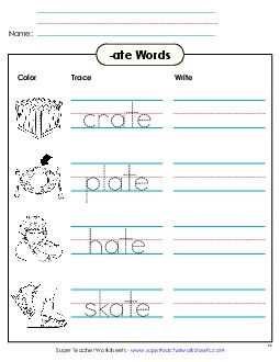 Trace and Write (-ate) Word Families Worksheet