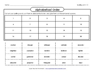 ABC Order: Cut-Glue (E-10) Spelling E Worksheet