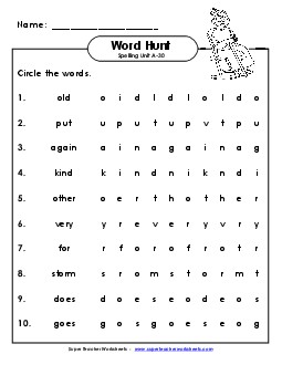 Horizontal Word Hunt (A-30) Spelling A Worksheet