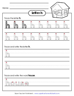 Lowercase h (Outlined Letters) Printing Handwriting Worksheet