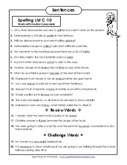 Spelling Test Sentences (C-10) Spelling C Worksheet