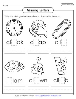 Missing Letters (Cl- Words) Phonics Blends Worksheet