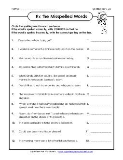 Fix the Misspelled Words (E-26)  Spelling E Worksheet