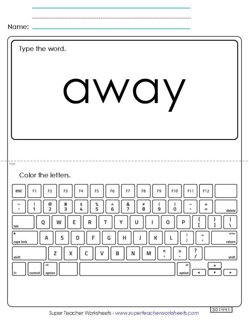 Type the Word: Away Sight Words Individual Worksheet