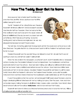 Theodore Roosevelt:  How the Teddy Bear Got It\'s Name Reading Comprehension Worksheet