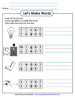 Color the Letters & Write (-ight) Word Families Worksheet