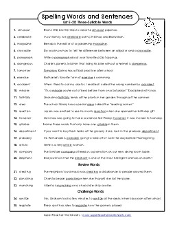 Spelling Test Sentences (E-20) Spelling E Worksheet