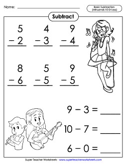 Basic Subtraction Facts: Music (Minuends 10 or Less) Worksheet