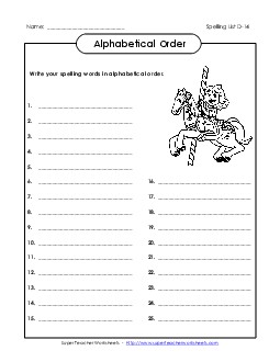 ABC Order: Write List (D-14) Spelling D Worksheet