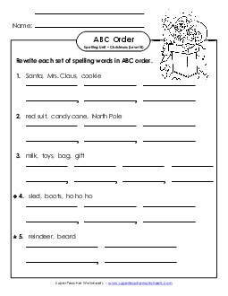 ABC Order - Word Sets (B-Christmas)  Free Spelling B Worksheet