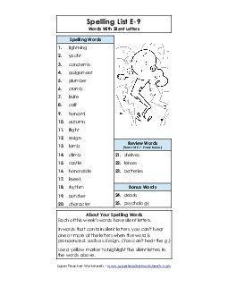 Spelling List (E-9) Spelling E Worksheet