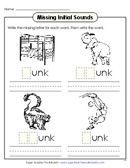 Missing Initial Sounds (-unk) Word Families Worksheet