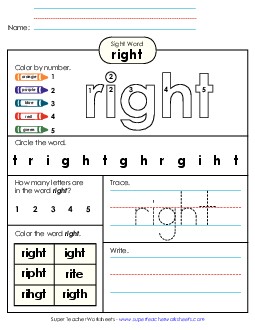 Worksheet 4: Right Sight Words Individual Worksheet