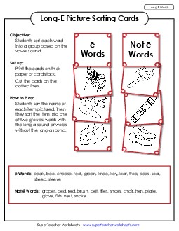 Picture Sorting Cards: (Long E Words) Phonics Long Short E Worksheet