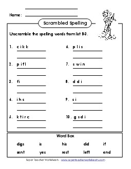 Unscramble the Words (B-3) Spelling B Worksheet