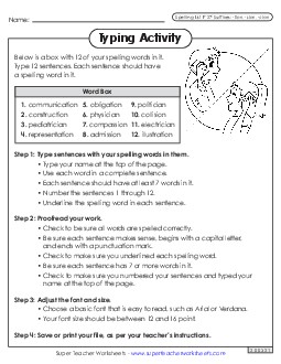 Typing Sentences (F-27)  Spelling F Worksheet