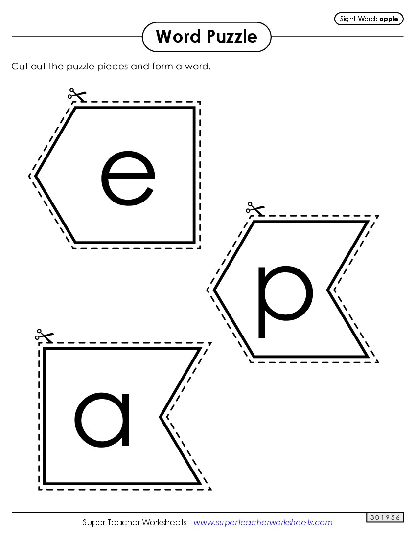 Word Puzzle: Apple Sight Words Individual Worksheet